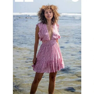 Stillwater The Jessie Mini Dress Floral Pink Purple Deep Plunge Size Medium.